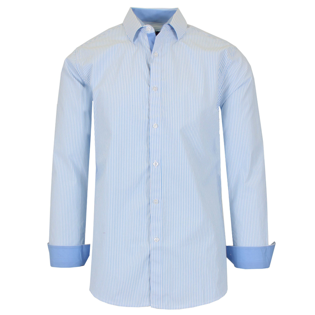 Men's Long Sleeve Slim-Fitting Gingham Pattern Dress Shirt - X-Large - Light Blue Pinstripe