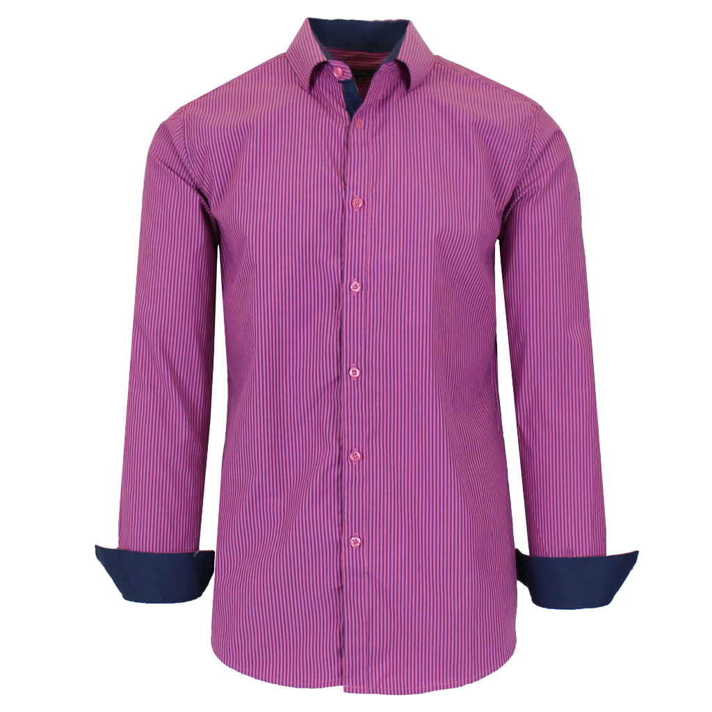 Men's Long Sleeve Slim-Fitting Gingham Pattern Dress Shirt - Large - Pink and Navy Pinstripe