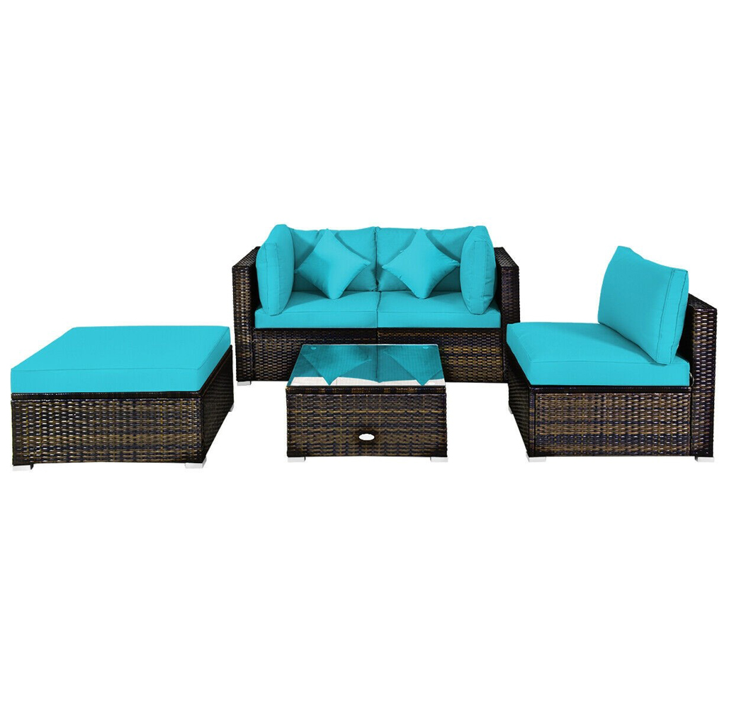 Photos - Garden Furniture Goplus Rattan 5-Piece Outdoor Sofa Set with Glass Top Table - Turquoise UN