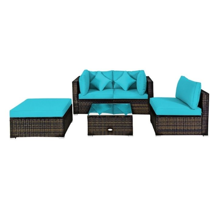 Photos - Garden Furniture Costway Rattan 5-Piece Conversation Sectional Set - Turquoise HW66868TU+ 