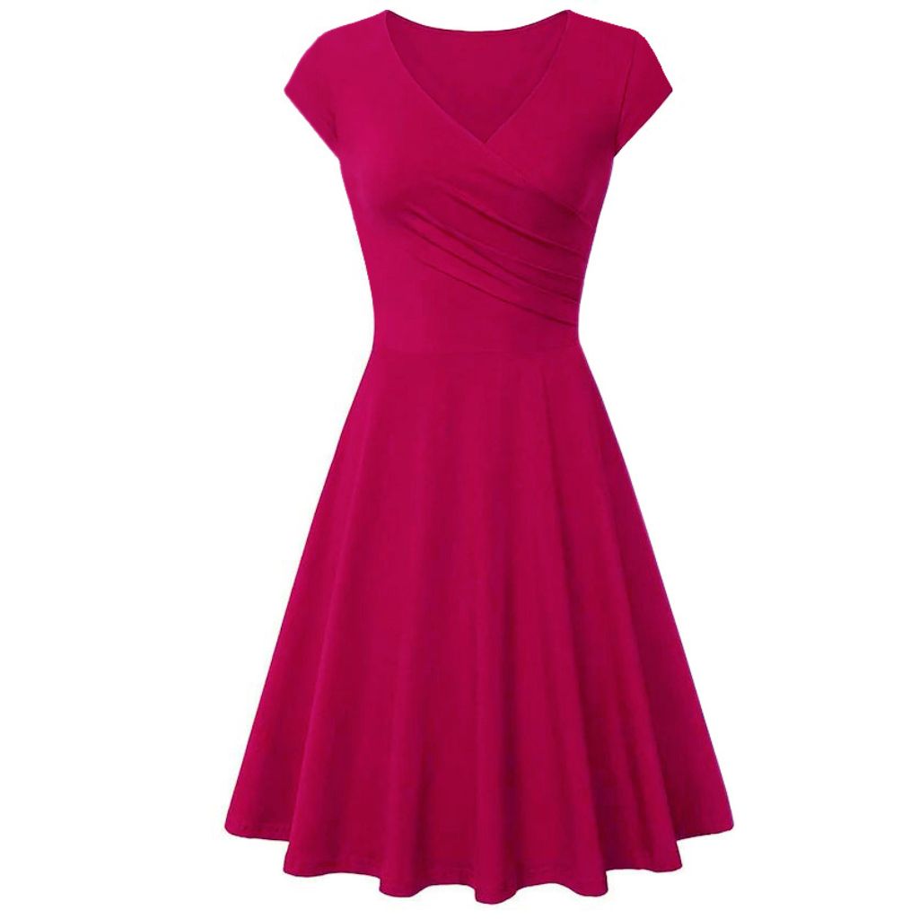 Women's Solid V-Neck Skater Dresses - Medium - Fuchsia