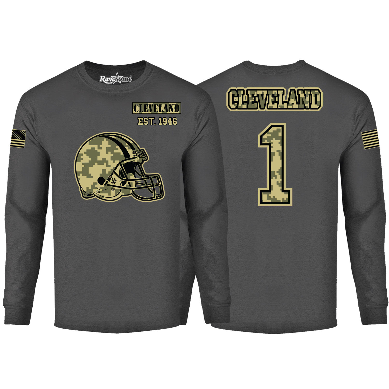 Men's Ultimate Camo Football Long Sleeve Shirt - Cleveland - Charcoal / 2XL