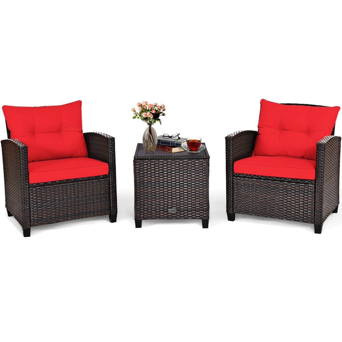 Photos - Garden Furniture Costway 3-Piece Rattan Patio Furniture Set with Large Cushions - Furniture Set 3PCS-Red HW63759RE 