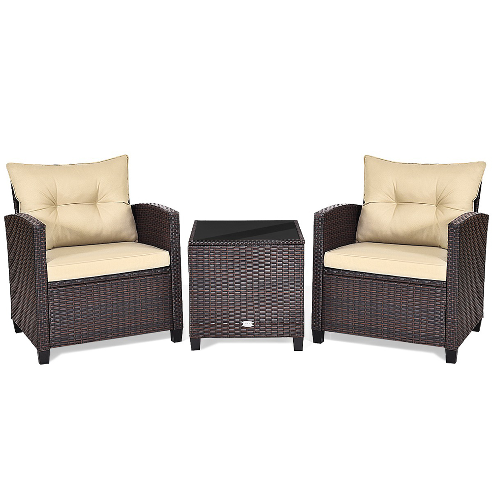 Photos - Garden Furniture Costway 3-Piece Rattan Patio Furniture Set with Large Cushions - Beige HW6 