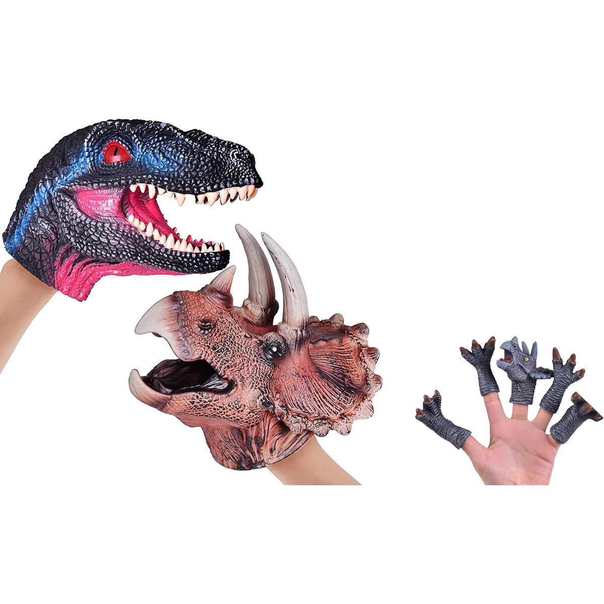 Realistic Dino Heads Glove Toy Set with Bonus Finger Puppets - DinosaurPuppets-Veloc&Tricer
