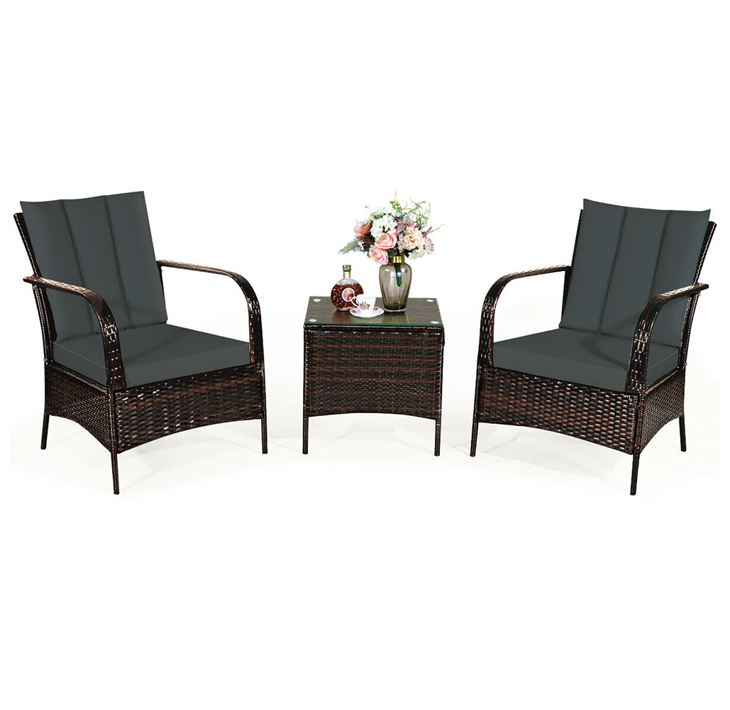 Photos - Garden Furniture Costway Goplus Rattan Outdoor 3-Piece Chair & Table Set - Grey HW65850GR 