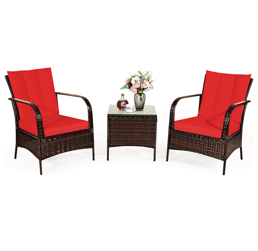 Photos - Garden Furniture Goplus Rattan Outdoor 3-Piece Chair & Table Set - Red HW65850RE 