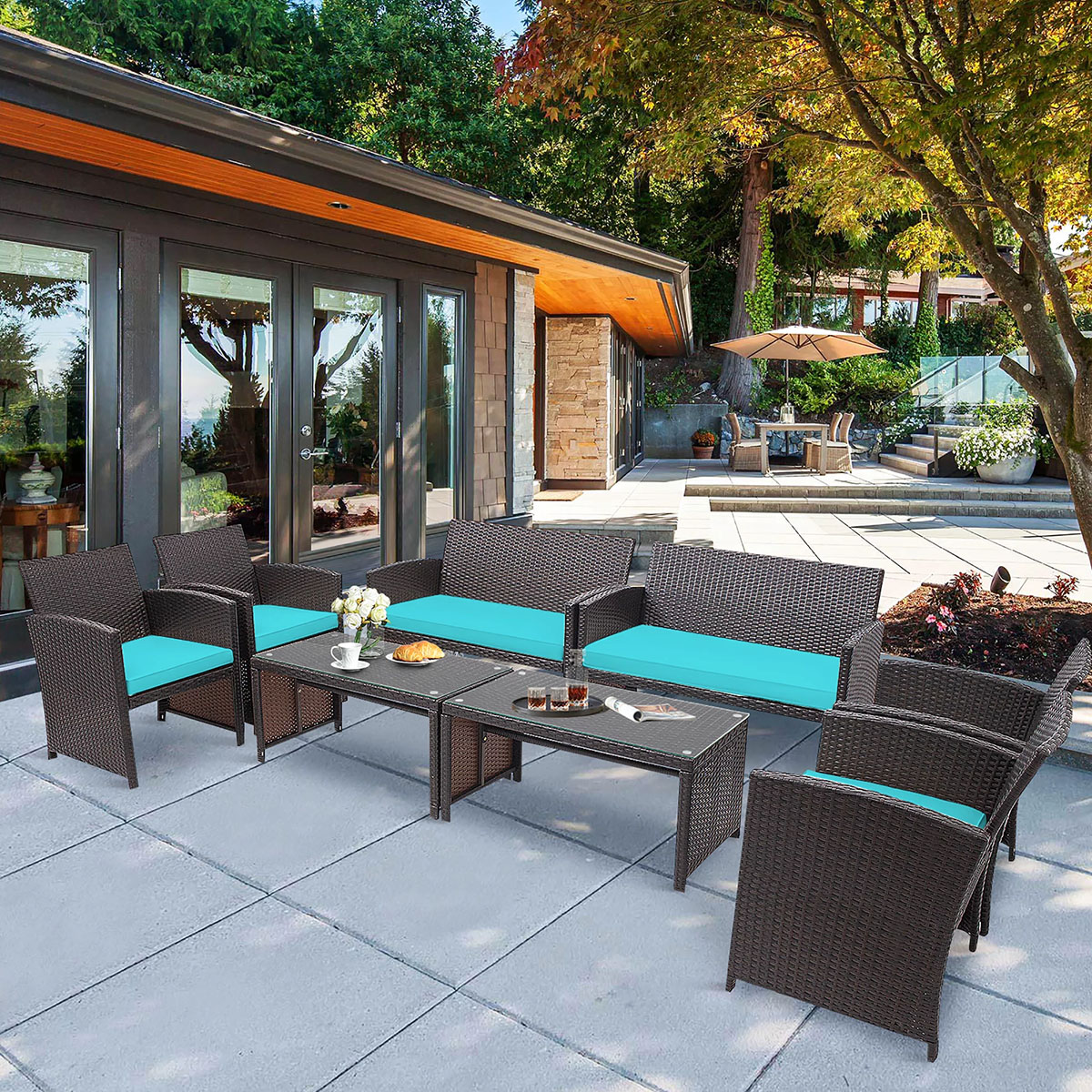 8-Piece Patio Rattan Furniture Set - Cushioned Chair, Sofa, Coffee Table - 8PCS Rattan Furniture TU