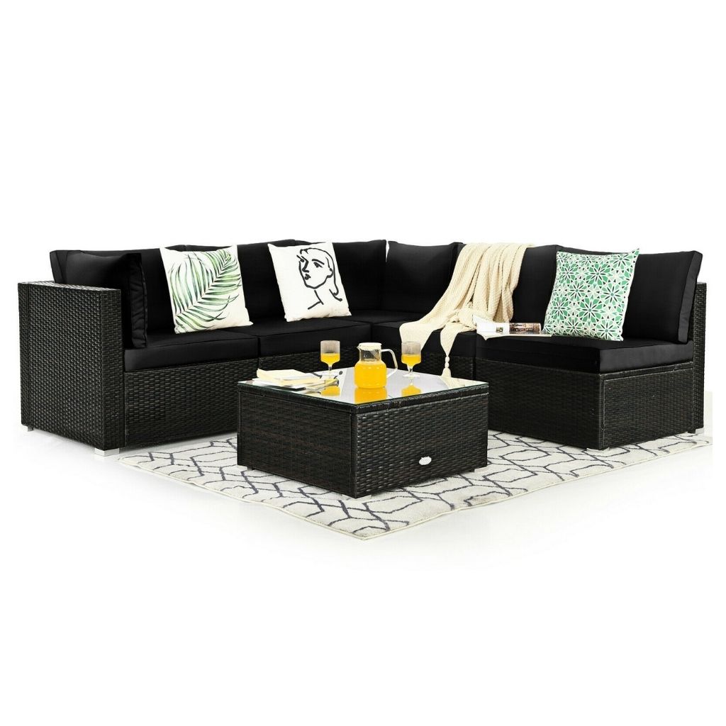 Photos - Garden Furniture Goplus 6-Piece Rattan Patio Furniture Set with Glass Top Table - Black HW6