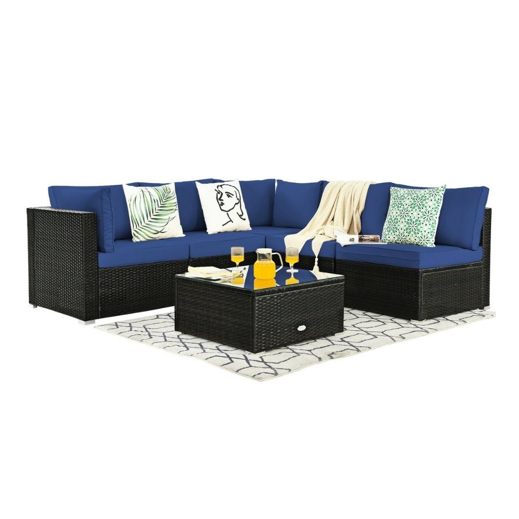 Photos - Garden Furniture Goplus 6-Piece Rattan Patio Furniture Set with Glass Top Table - Navy HW67937NY+ 
