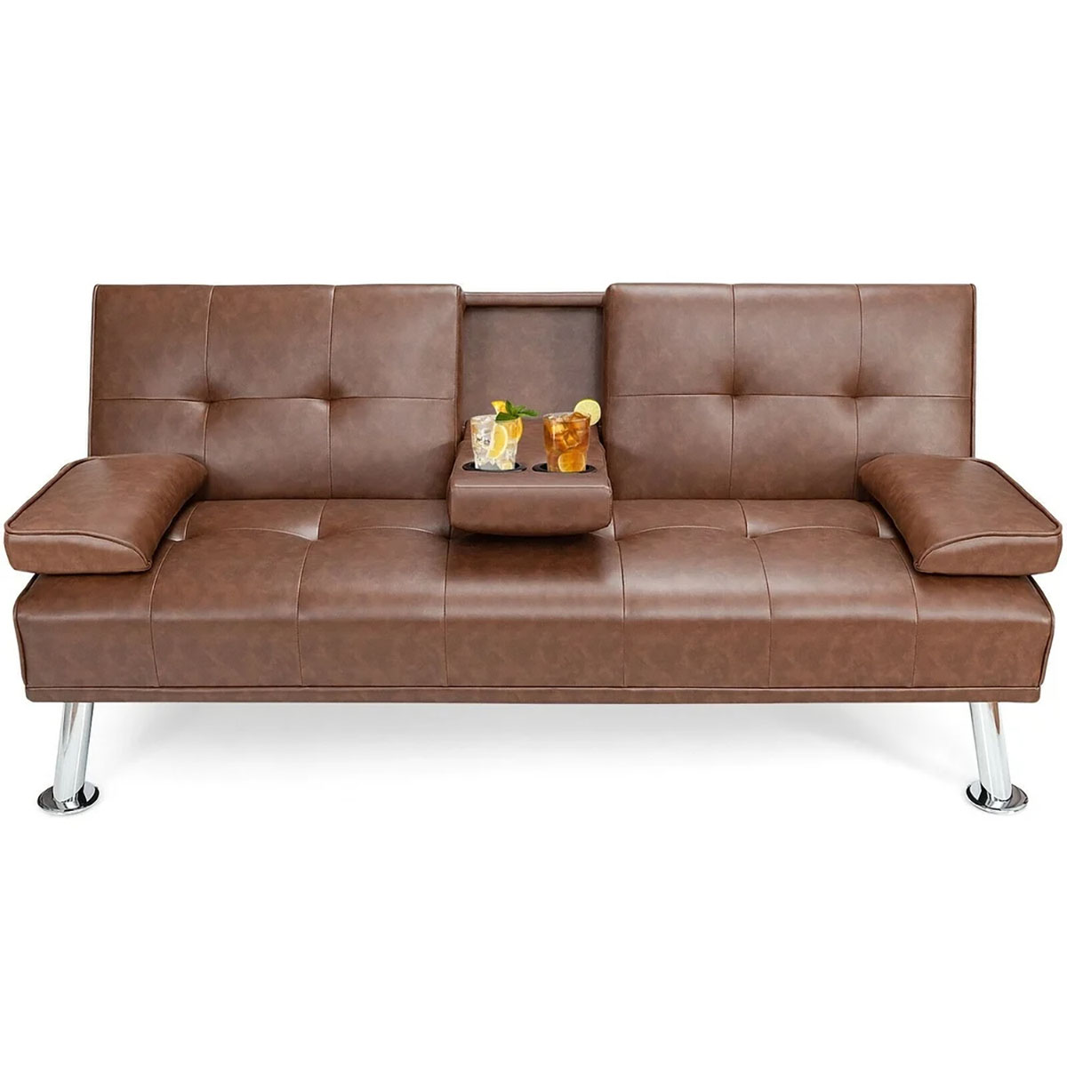 Photos - Sofa Goplus Convertible Folding Leather Futon  with Cup Holders and Armrest