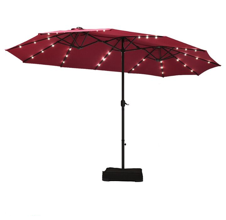 Photos - Parasol Costway 15-Foot Solar LED Double Patio Umbrella with Crank - Burgundy OP70 