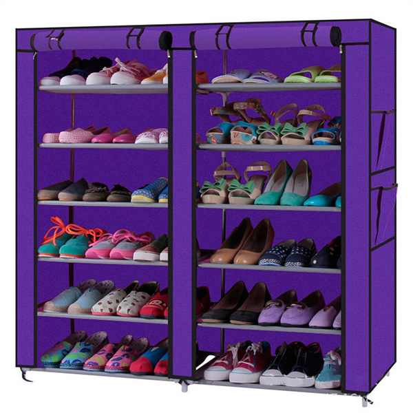 Dual Row Non-woven Fabric 12-Lattice Shoe Rack - Purple