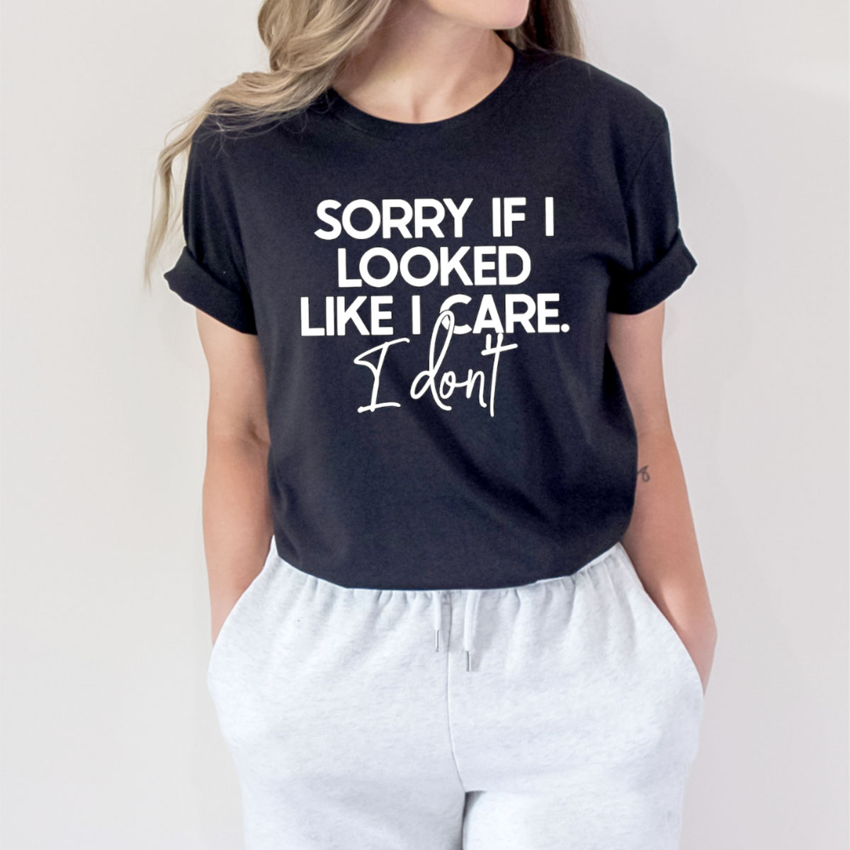 ""Sorry if I Looked Like I Care I Don't"" Graphic Short Sleeve T-Shirt - Small / Black