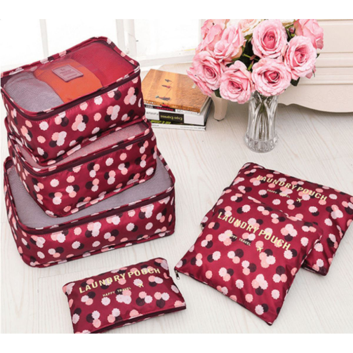 Photos - Travel Bags Threaded Pear Travel Organizer Pouch Set - Maroon Flower TRAVEL6 MAROON FLOWER(6-Piece)