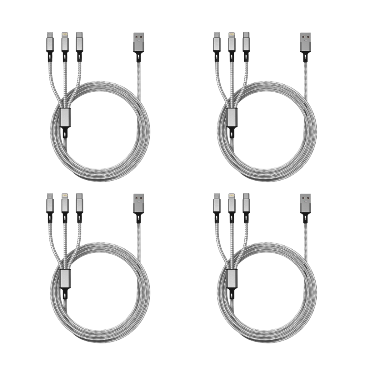 Photos - Cable (video, audio, USB) Fenzer 4-Foot 3-in-1 Nylon Braided Charging Cable - Lightning, USB-C, Micro-USB - Lightning Cable 4-Pack 4 MX(1- to 5-Pack)