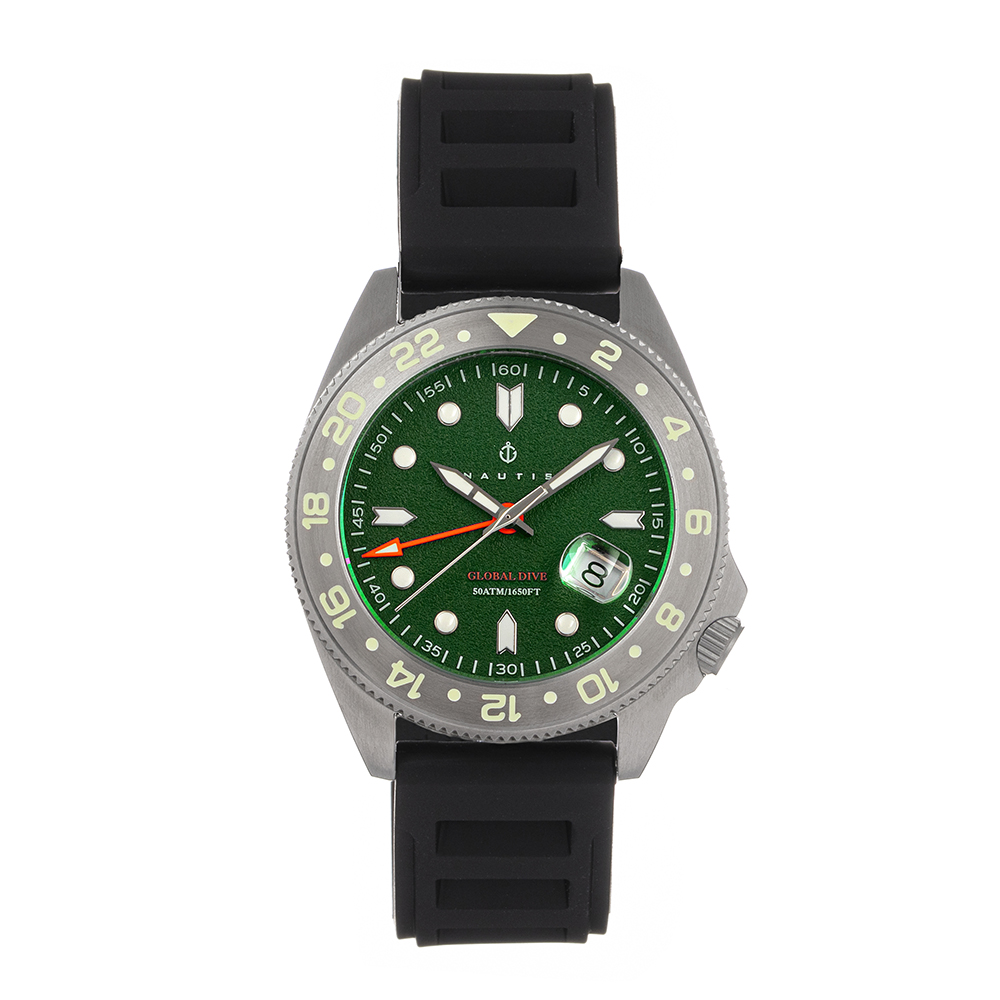 Photos - Wrist Watch Nautis Nautis Global Dive Rubber-Strap Watch with Date - Green 18093R-D