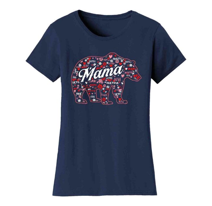 Women's Mama Bear T-Shirt - Daisy Pattern - Navy / 2XL