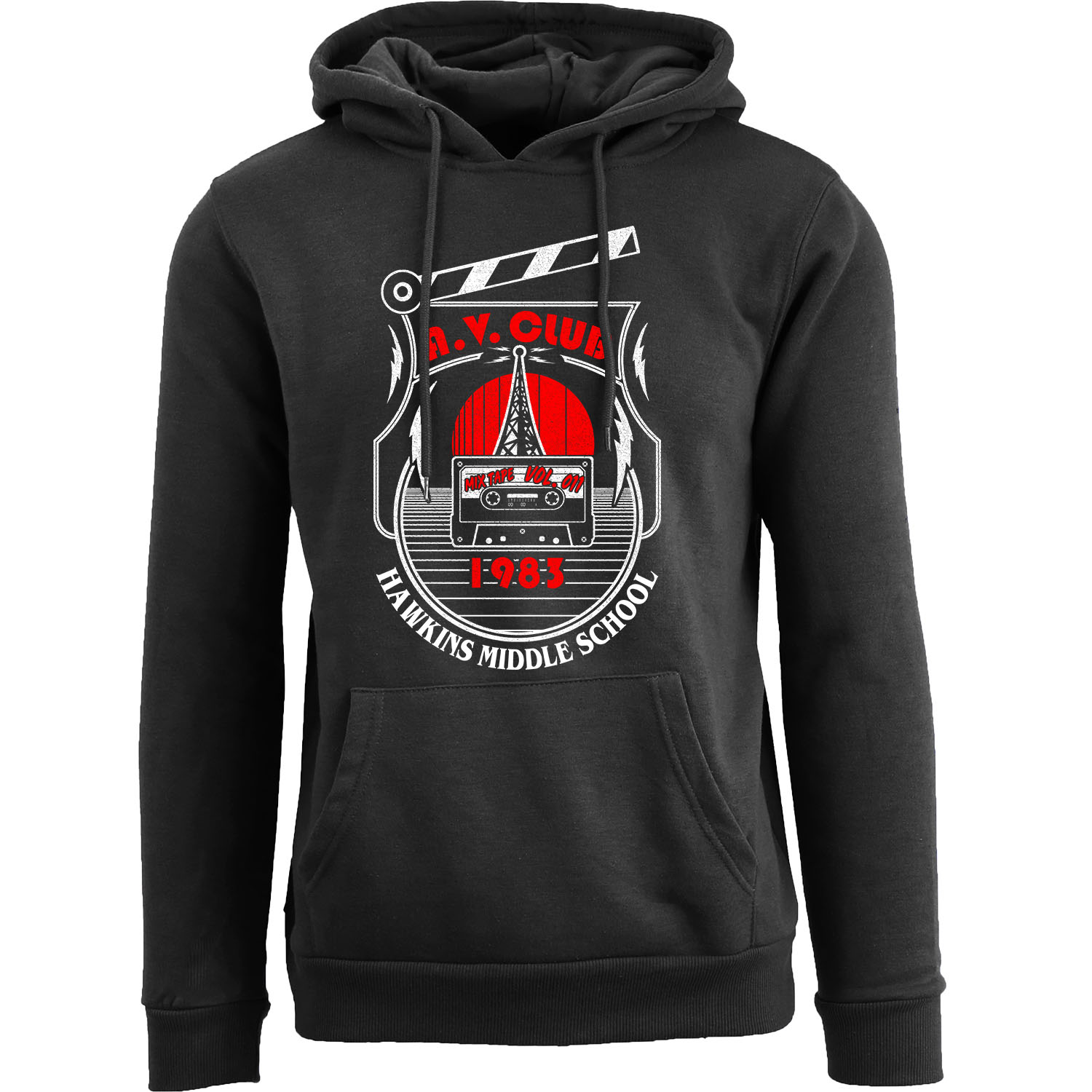 Stranger Things Themed Pullover Hoodie - A. V. Club 1983 Hawkins Middle School - Black / L