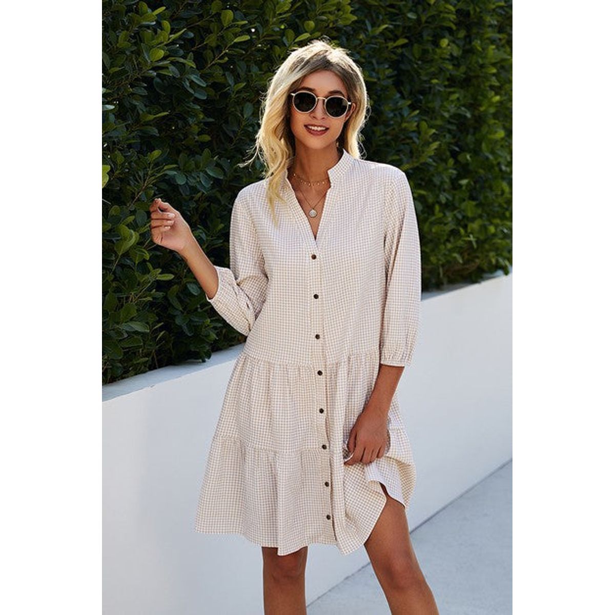 Button Front V-Neck Tiered Dress - Beige / Large (10-12)