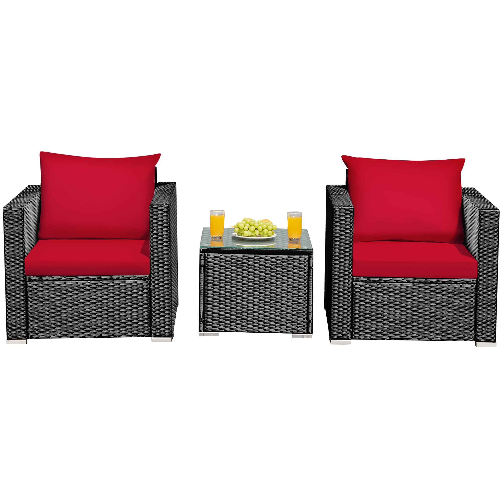 Photos - Garden Furniture Costway 3-Piece Patio Rattan Wicker Furniture Set - Red HW66529RE+ 