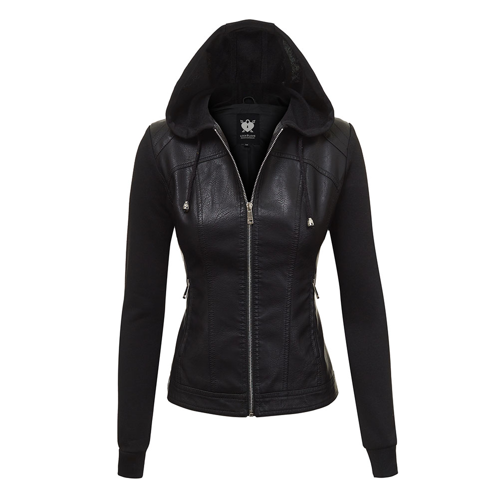 Lock & Love Faux Leather Full-Zip Hoodie Sweatshirt Jacket - Black/Black - XS