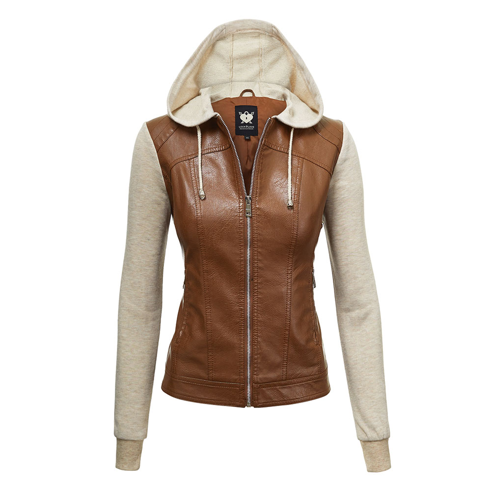 Lock & Love Faux Leather Full-Zip Hoodie Sweatshirt Jacket - Camel/Oatmeal - XS