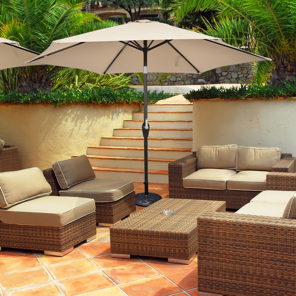 Photos - Parasol Goplus Costway 9Ft Patio Umbrella with Push Button Tilt Crank Lift - Beige