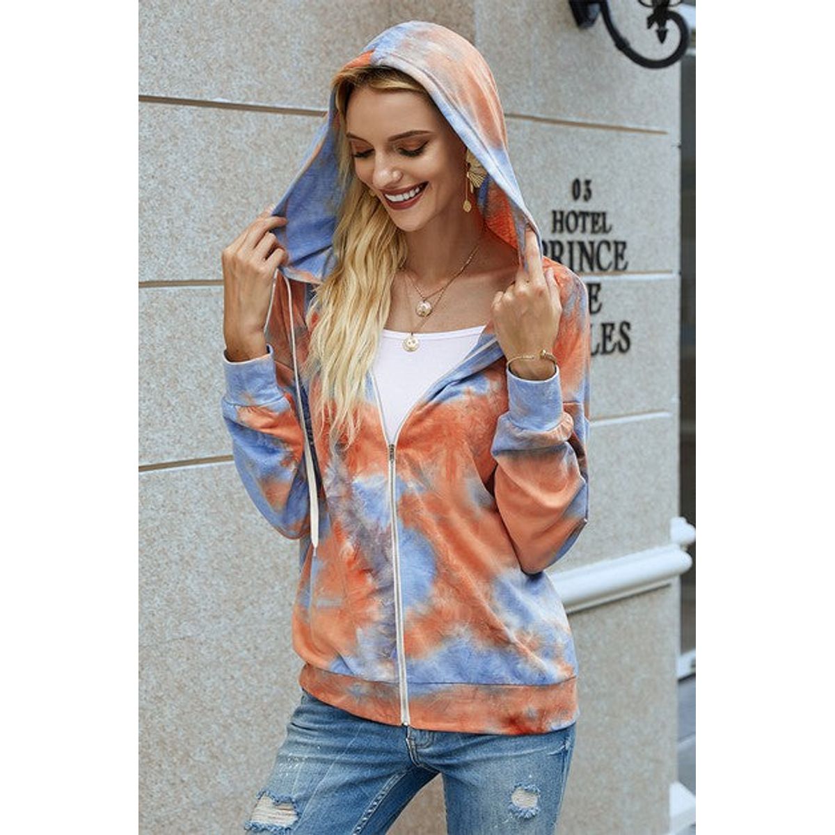 Women's Tie-Dye Zip-up Hoodie - Orange / Small (2-4)