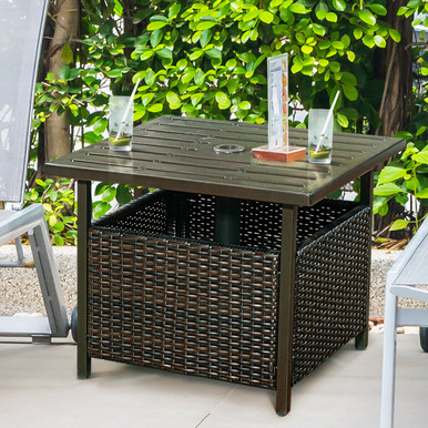 Photos - Garden Furniture Goplus Outdoor Patio PE Rattan Wicker Steel Side Deck Table with Umbrella