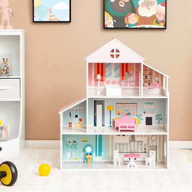 Photos - Doll Accessories Costway Kids' 3-Tier Toddler Doll House with Furniture TP10039 