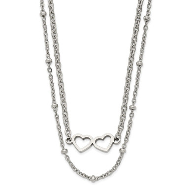 Photos - Pendant / Choker Necklace Private Label Stainless Steel Polished 2-Strand Double Heart Necklace with