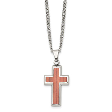 Photos - Pendant / Choker Necklace Private Label 24-inch Stainless Steel Polished Wood Inlay Cross Necklace S