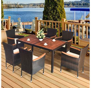 Rattan & Wood 7-Piece Patio Dining Set