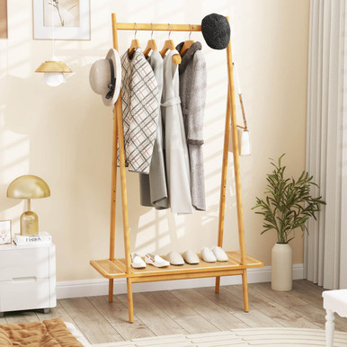 Bamboo Clothes Rack with Hanging Rod, Shelf, and Hooks - Pick Your Plum