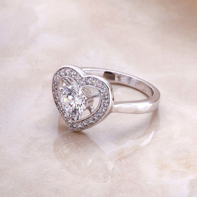 Photos - Ring Private Label 18K-White-Gold-Plated Cubic Zirconia Heart-Shaped  - Siz