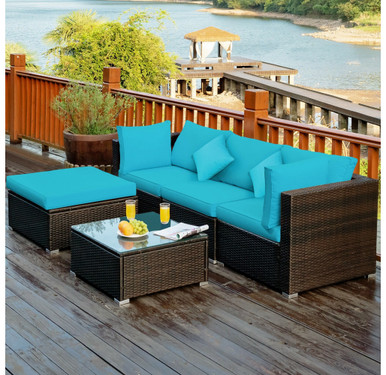 Rattan 5-Piece Outdoor Sofa Set with Glass Top Table