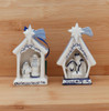 Delft Styled Blue White Nativity Ornaments Wood Background Front