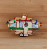 Holiday Pop-Up Camper Trailer Glass Ornament Wood Background