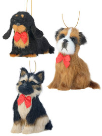 Set of 3 Dachshun, Shepherd, Mix Faux Fur Dog with Bowtie Ornament Set