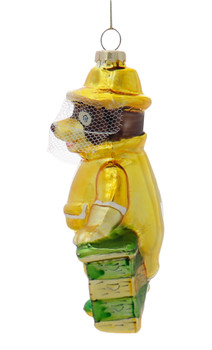 Brown Honey Bear Beekeeper Glass Ornament Side