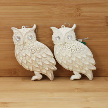 Set of 2 Sparkly Ivory Gem Eyed Owl Ornaments Wood Background