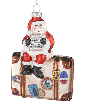 International Travel Santa on Luggage Glass Ornament