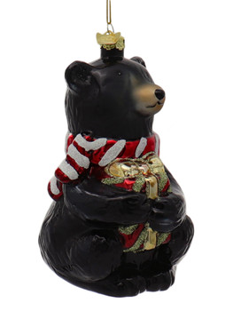 Cute Black Bear With Gift Glass Ornament