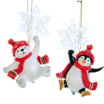 Set of 2 Polar Bear, Penguin with Snowflake Ornaments