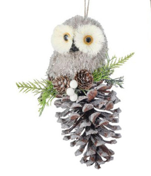 Bristle Eyes Furry Baby Owl on Pine Cone Ornament Left