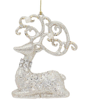 Platinum Glitter on Gold Fancy Deer Ornament Laying Left Side