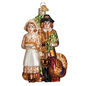 Pilgrim Couple Thanksgiving Glass Ornament