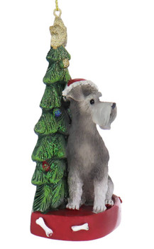 Silver Schnauzer with Christmas Tree Ornament side