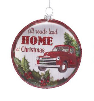 Red Silver Disk All Roads Lead Home Glass Ornament, 4 1/8", KATD1609